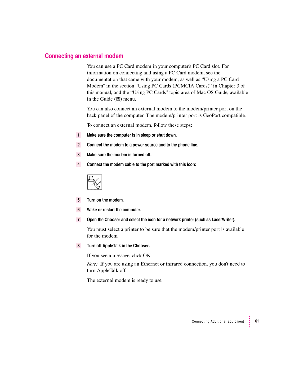 Apple 3400 Series manual Connecting an external modem 