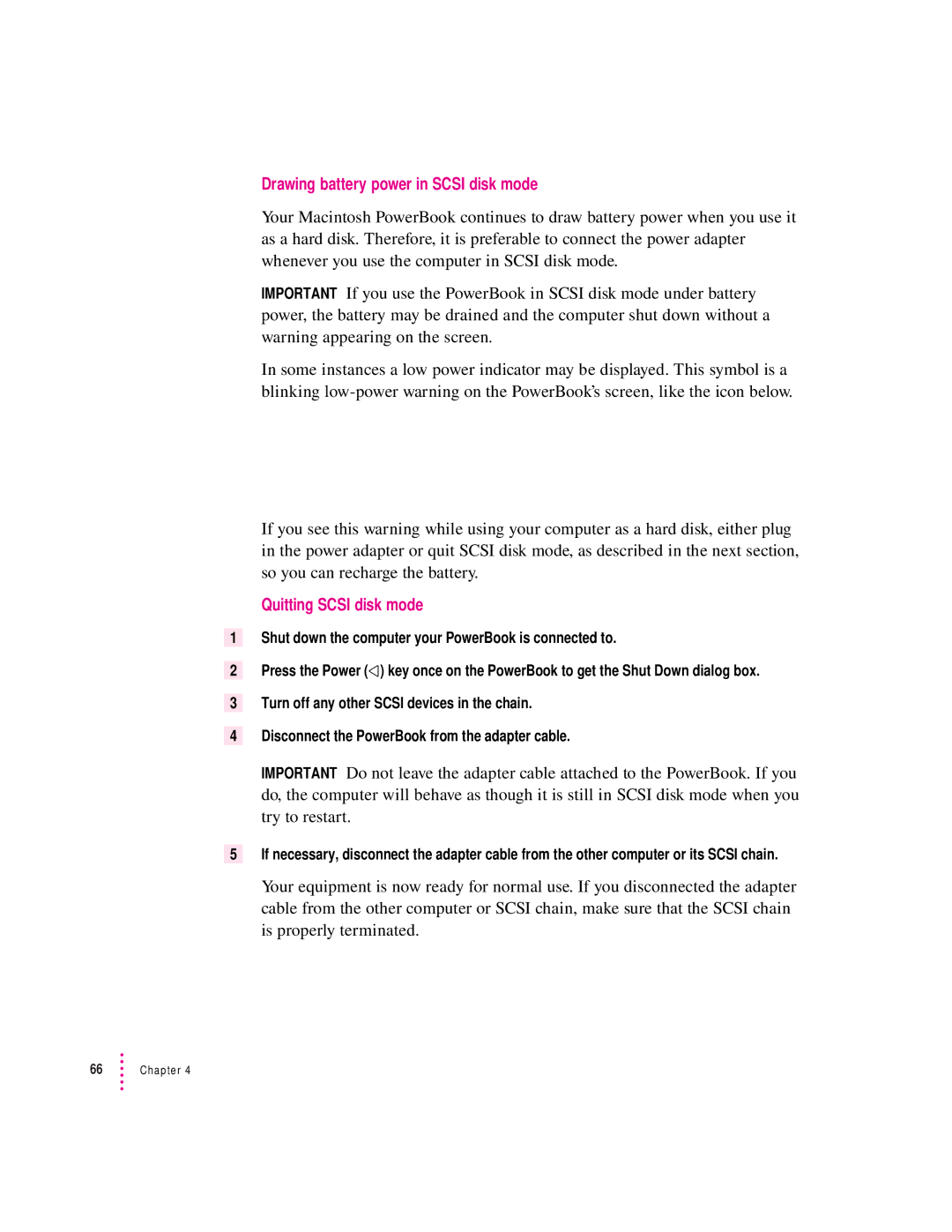 Apple 3400 Series manual Drawing battery power in Scsi disk mode, Quitting Scsi disk mode 