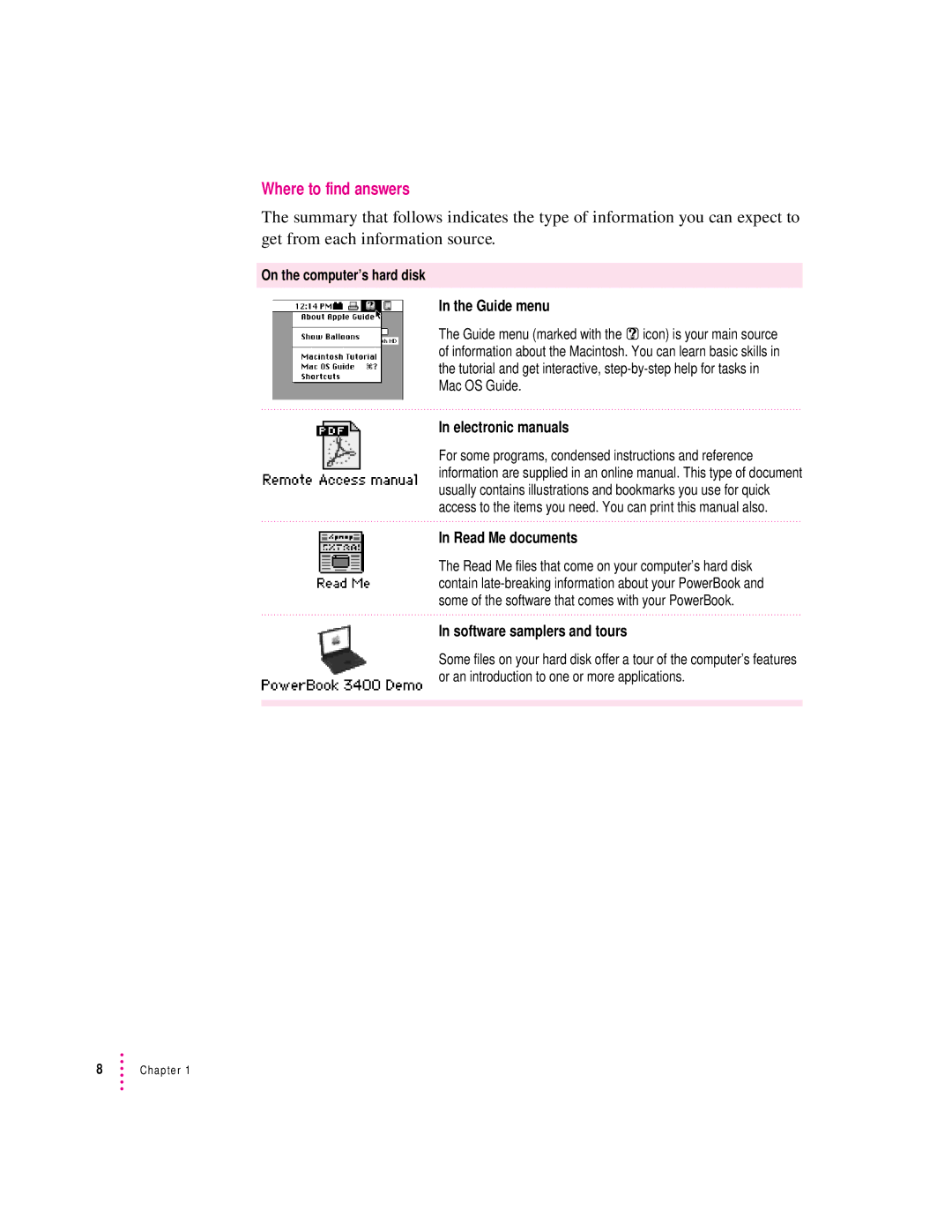 Apple 3400 Series manual Where to find answers, On the computer’s hard disk Guide menu 