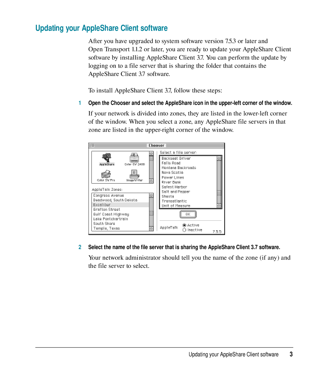 Apple 3.7 user manual Updating your AppleShare Client software 