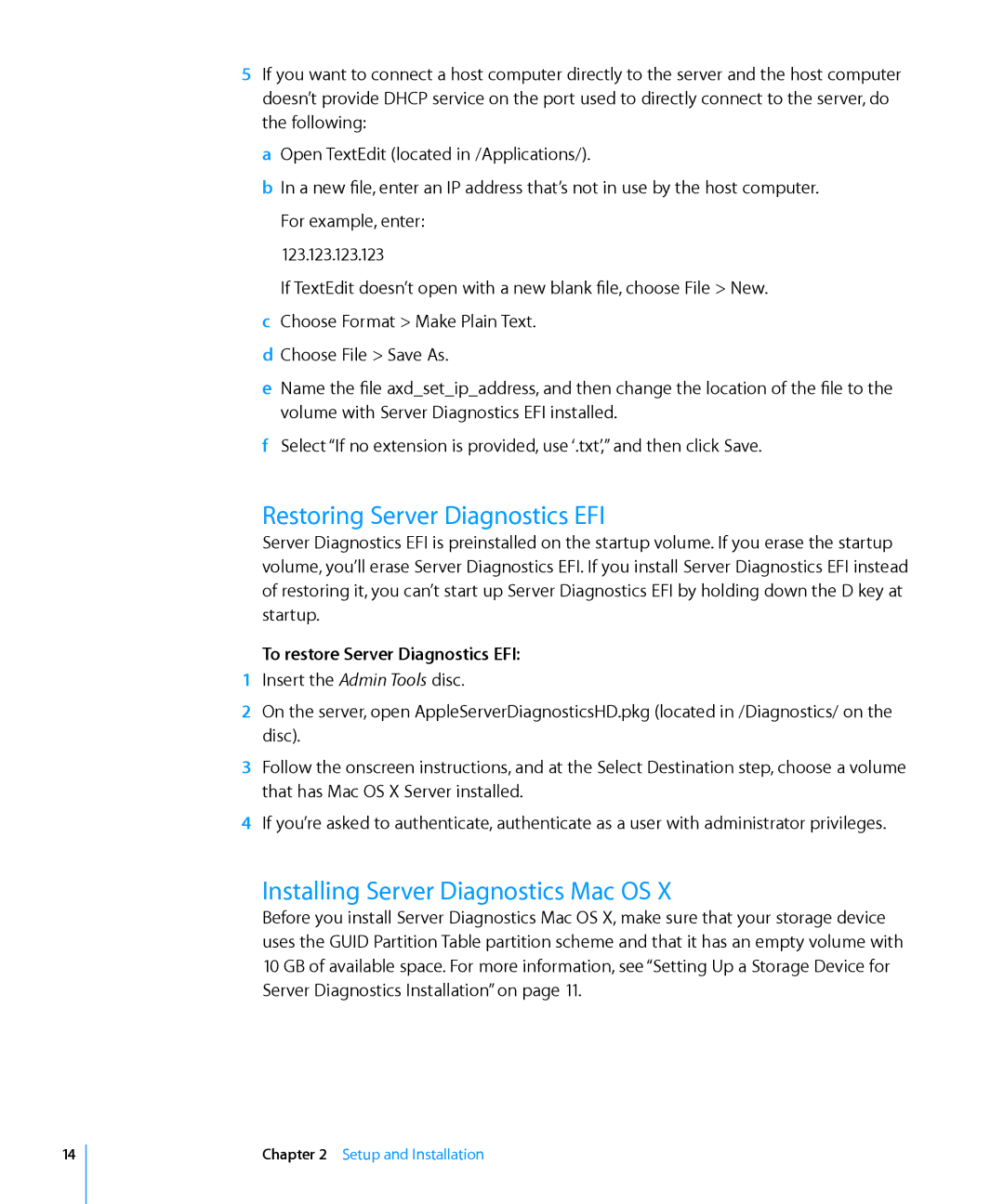 Apple 3X108 Restoring Server Diagnostics EFI, Installing Server Diagnostics Mac OS, To restore Server Diagnostics EFI 