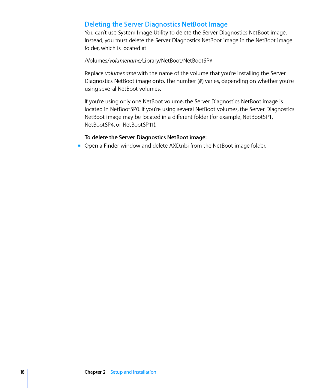 Apple 3X108 manual Deleting the Server Diagnostics NetBoot Image, To delete the Server Diagnostics NetBoot image 