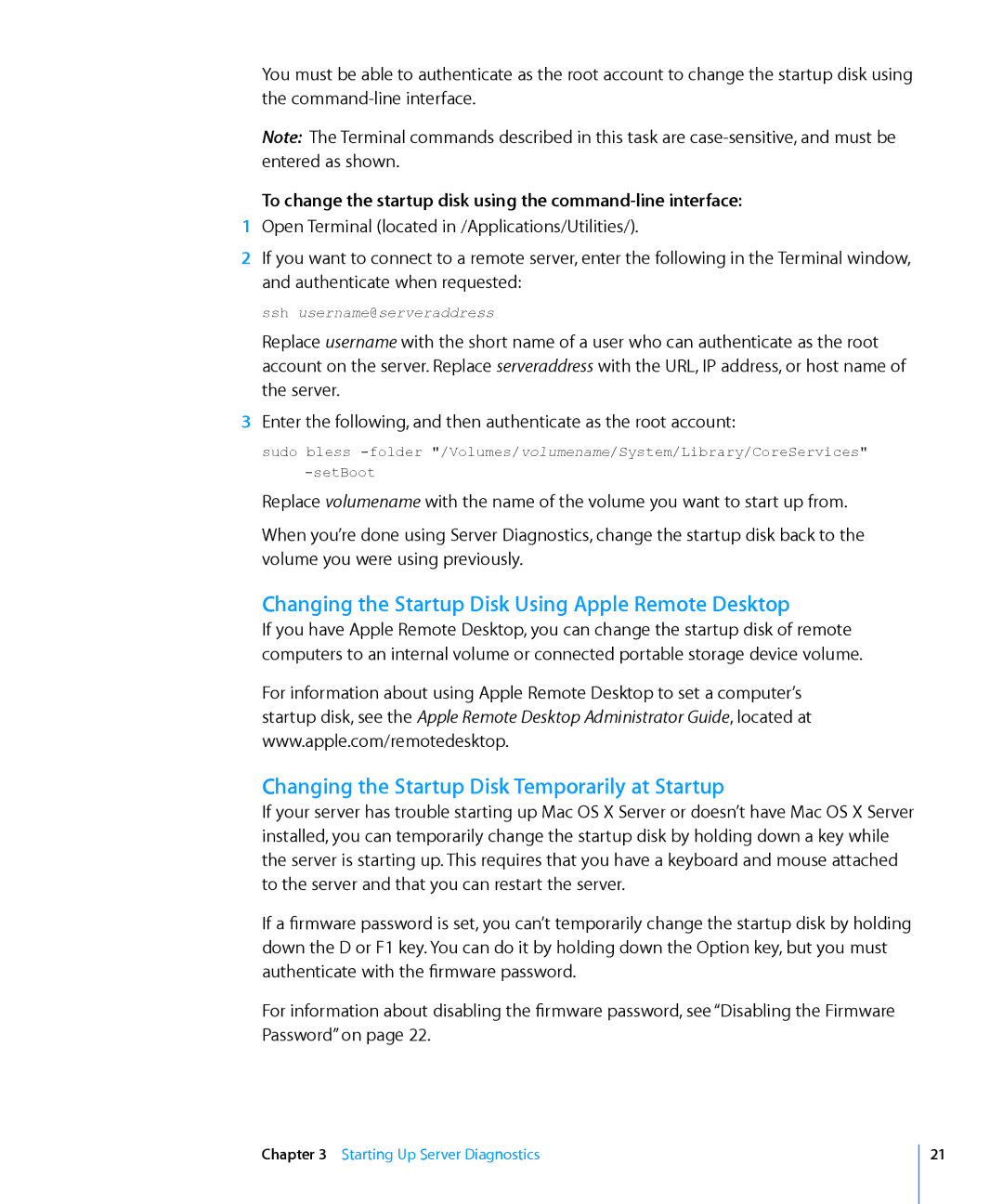Apple 3X108 manual Changing the Startup Disk Using Apple Remote Desktop, Changing the Startup Disk Temporarily at Startup 