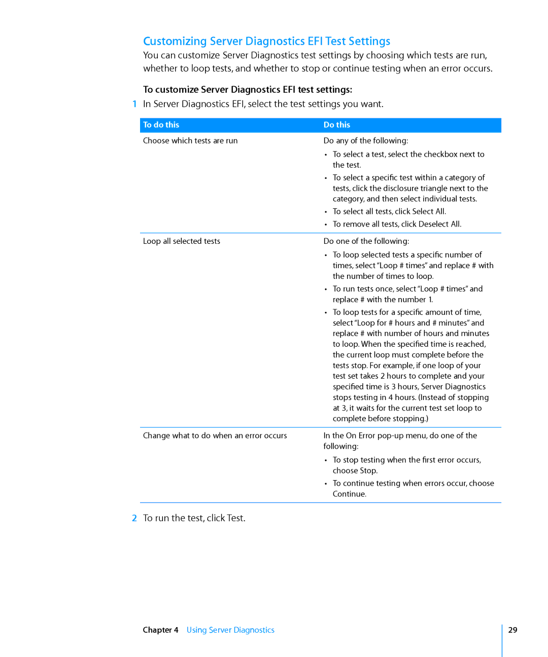 Apple 3X108 manual Customizing Server Diagnostics EFI Test Settings, To customize Server Diagnostics EFI test settings 