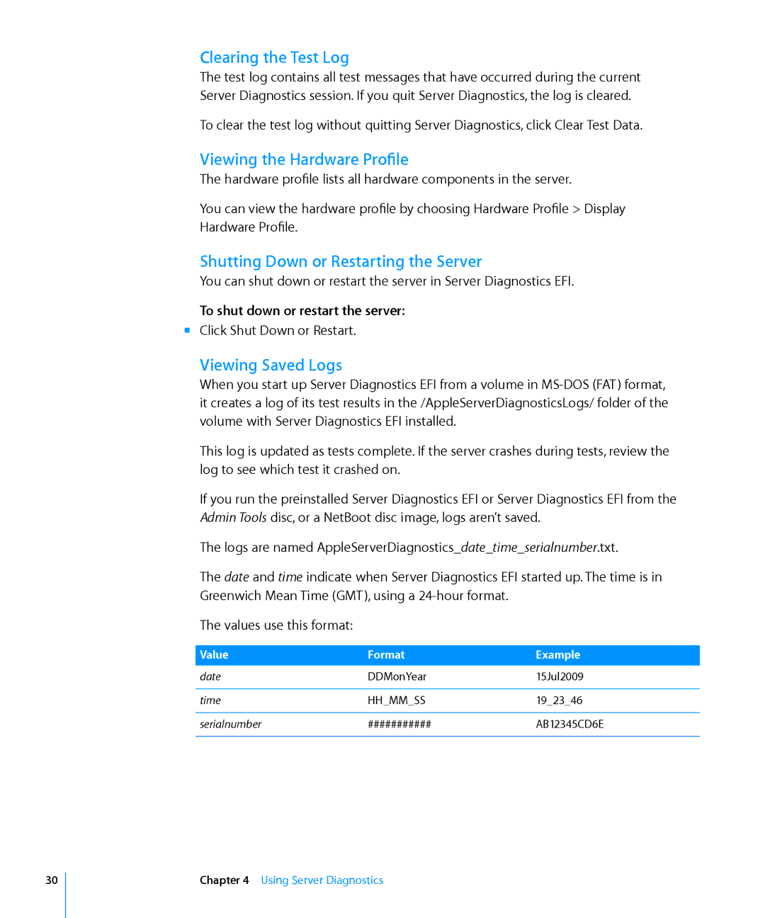 Apple 3X108 manual Clearing the Test Log, Viewing the Hardware Profile, Shutting Down or Restarting the Server 