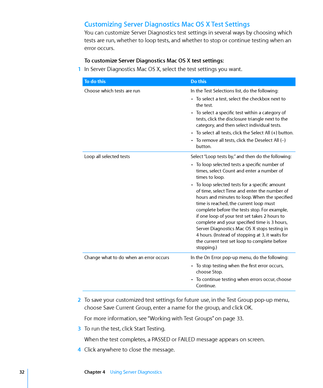 Apple 3X108 Customizing Server Diagnostics Mac OS X Test Settings, To customize Server Diagnostics Mac OS X test settings 