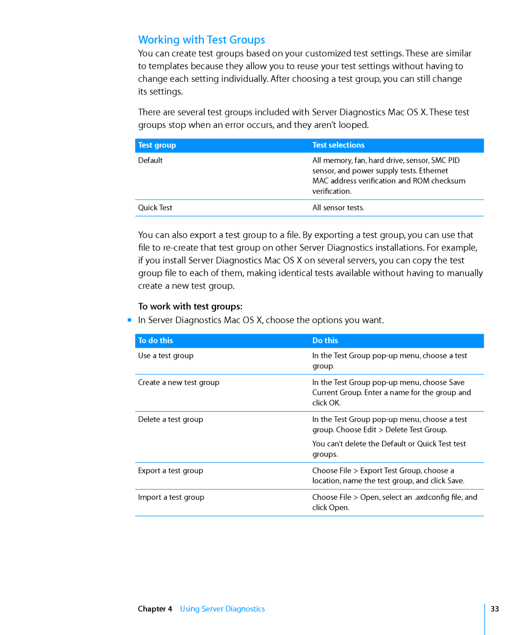 Apple 3X108 manual Working with Test Groups, To work with test groups, Test group Test selections 