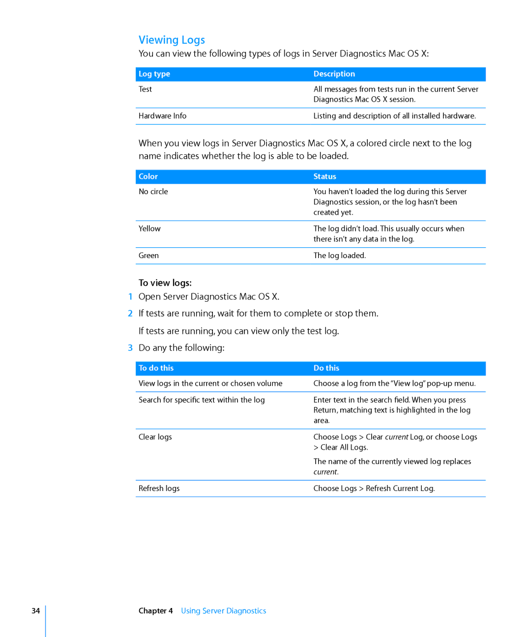 Apple 3X108 manual Viewing Logs, To view logs, Log type Description, Color Status 