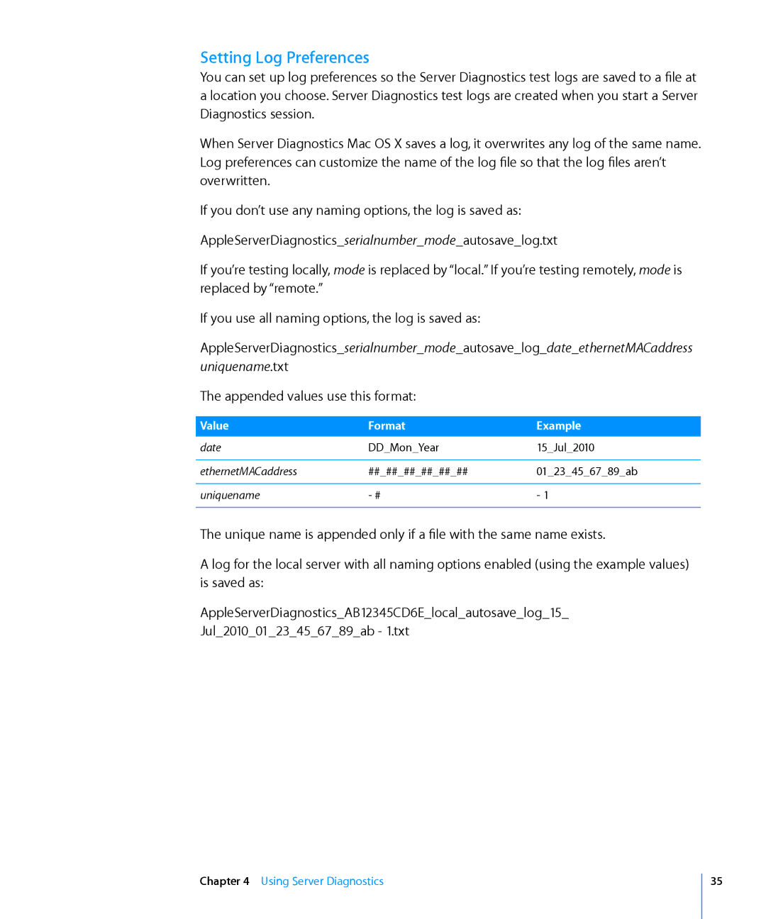 Apple 3X108 manual Setting Log Preferences, Appended values use this format 