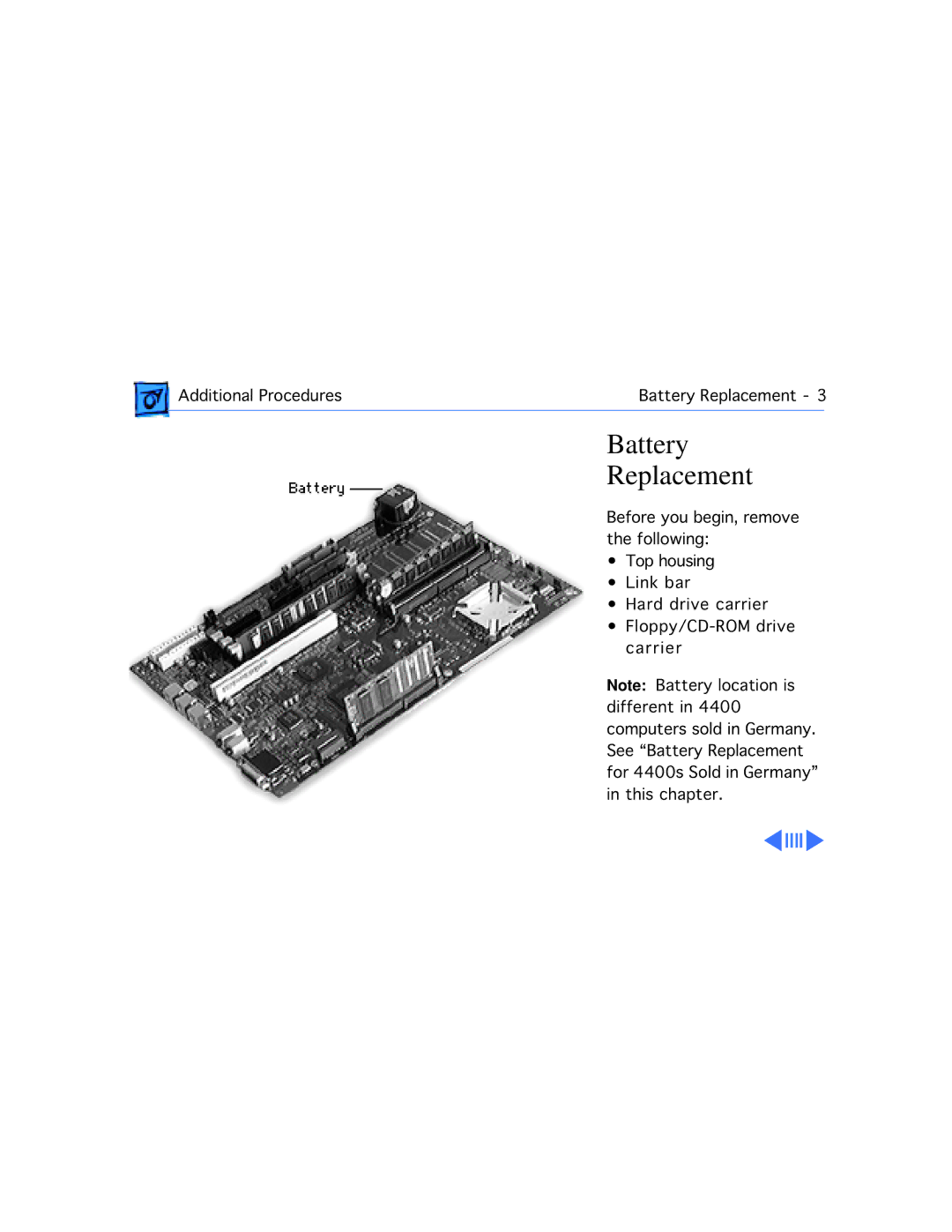 Apple 4400/200 PC manual Battery Replacement 