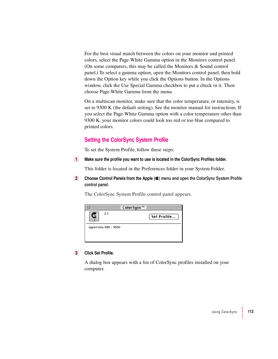 Apple 4500 Setting the ColorSync System Profile, ColorSync System Profile control panel appears 