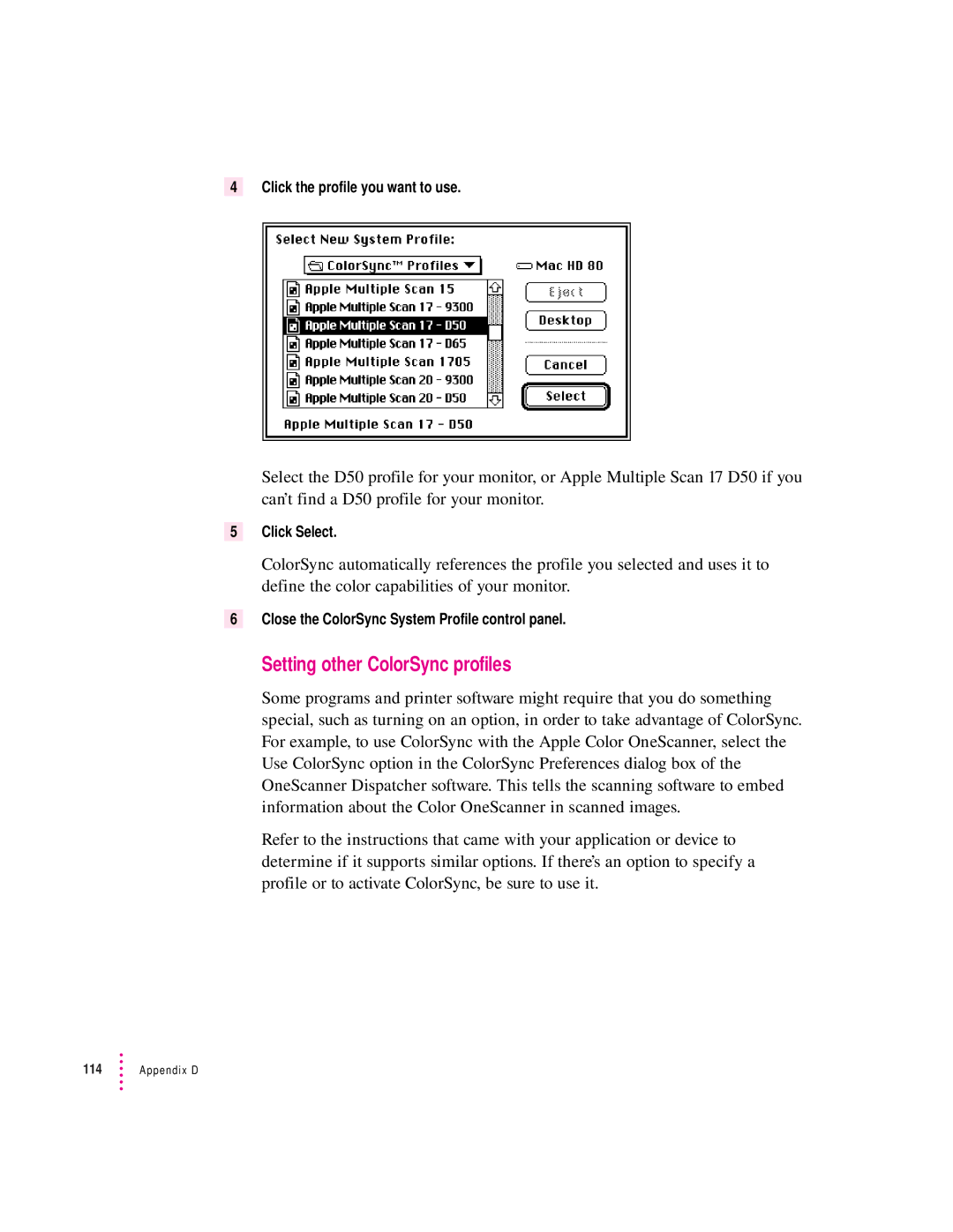 Apple 4500 important safety instructions Setting other ColorSync profiles 