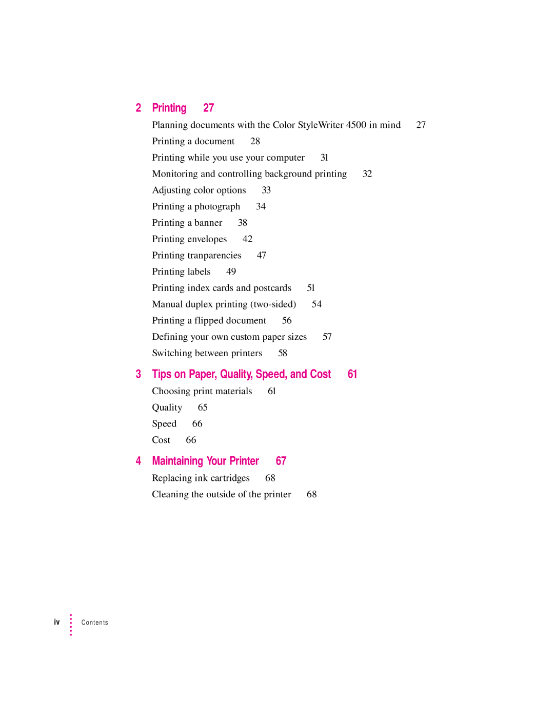 Apple 4500 important safety instructions Printing, Tips on Paper, Quality, Speed, and Cost, Maintaining Your Printer 