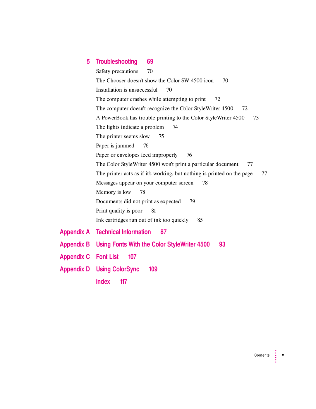 Apple 4500 important safety instructions 107, Index, Troubleshooting, Technical Information, Using ColorSync 