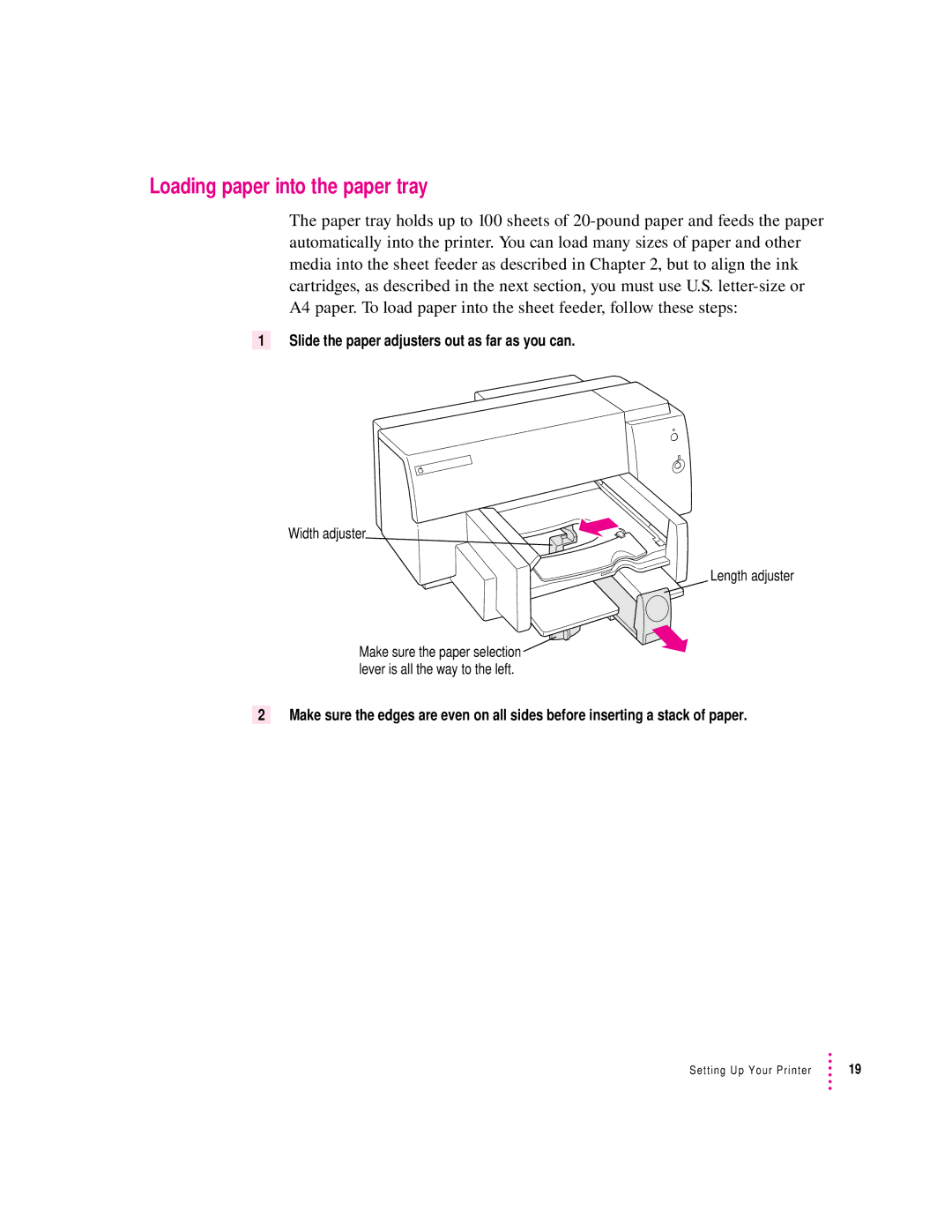 Apple 4500 important safety instructions Loading paper into the paper tray, Slide the paper adjusters out as far as you can 