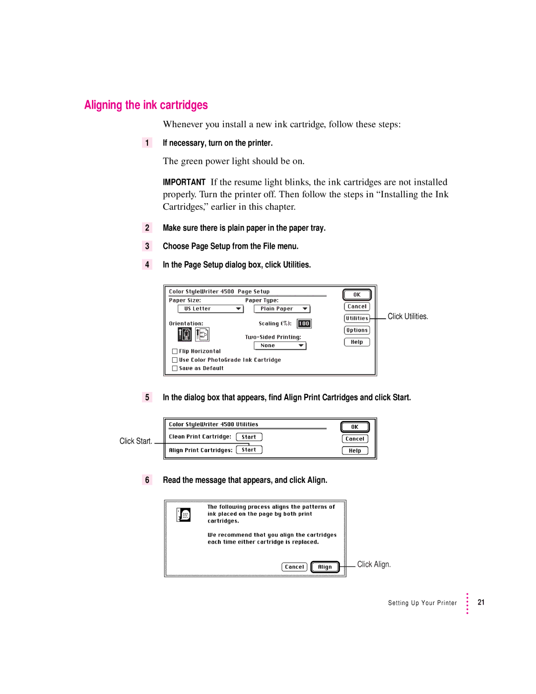 Apple 4500 important safety instructions Aligning the ink cartridges 