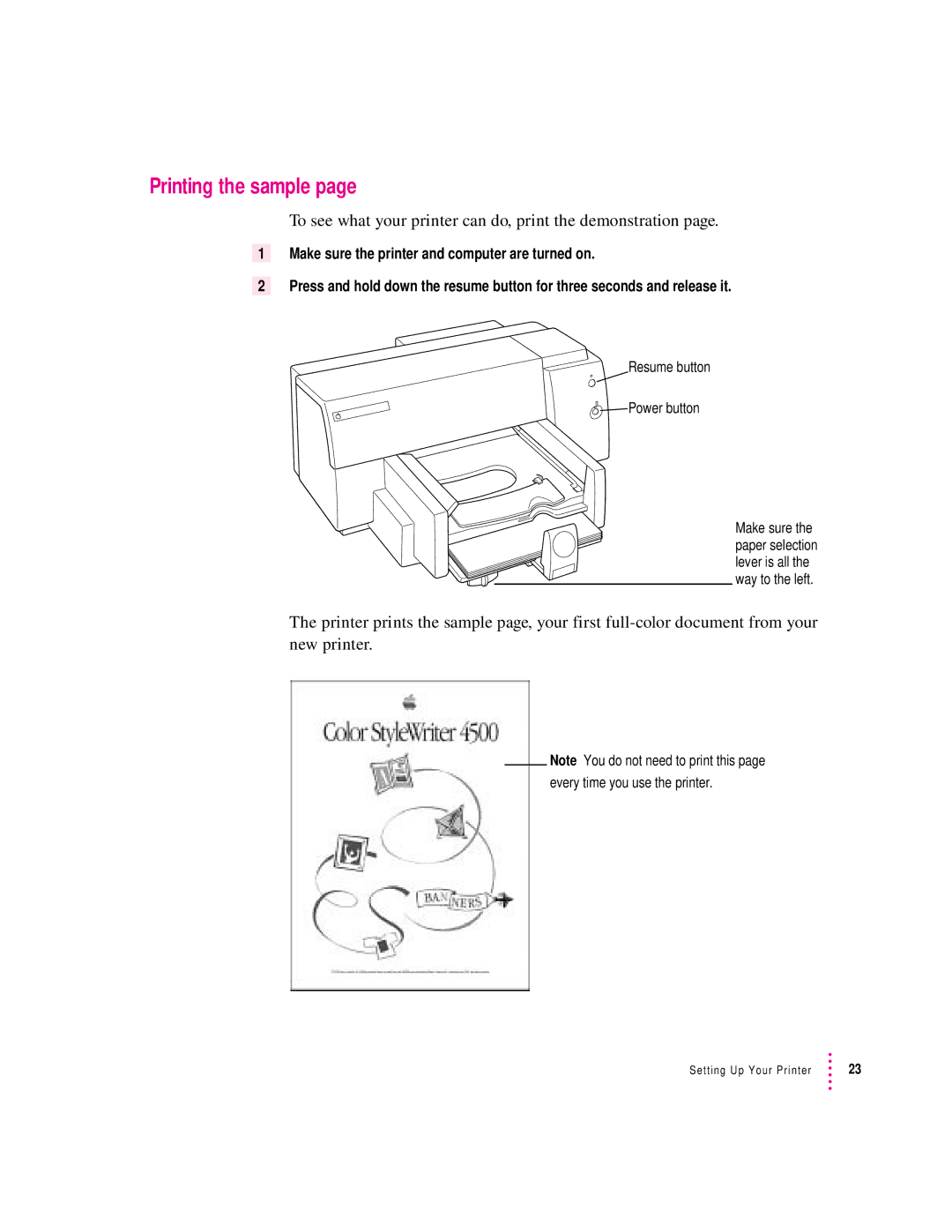 Apple 4500 important safety instructions Printing the sample, To see what your printer can do, print the demonstration 