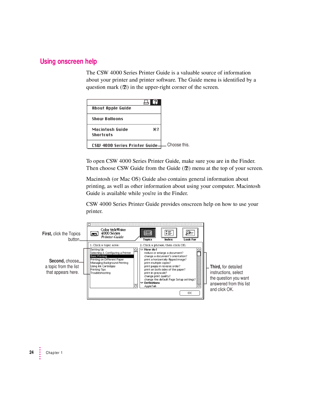 Apple 4500 important safety instructions Using onscreen help 