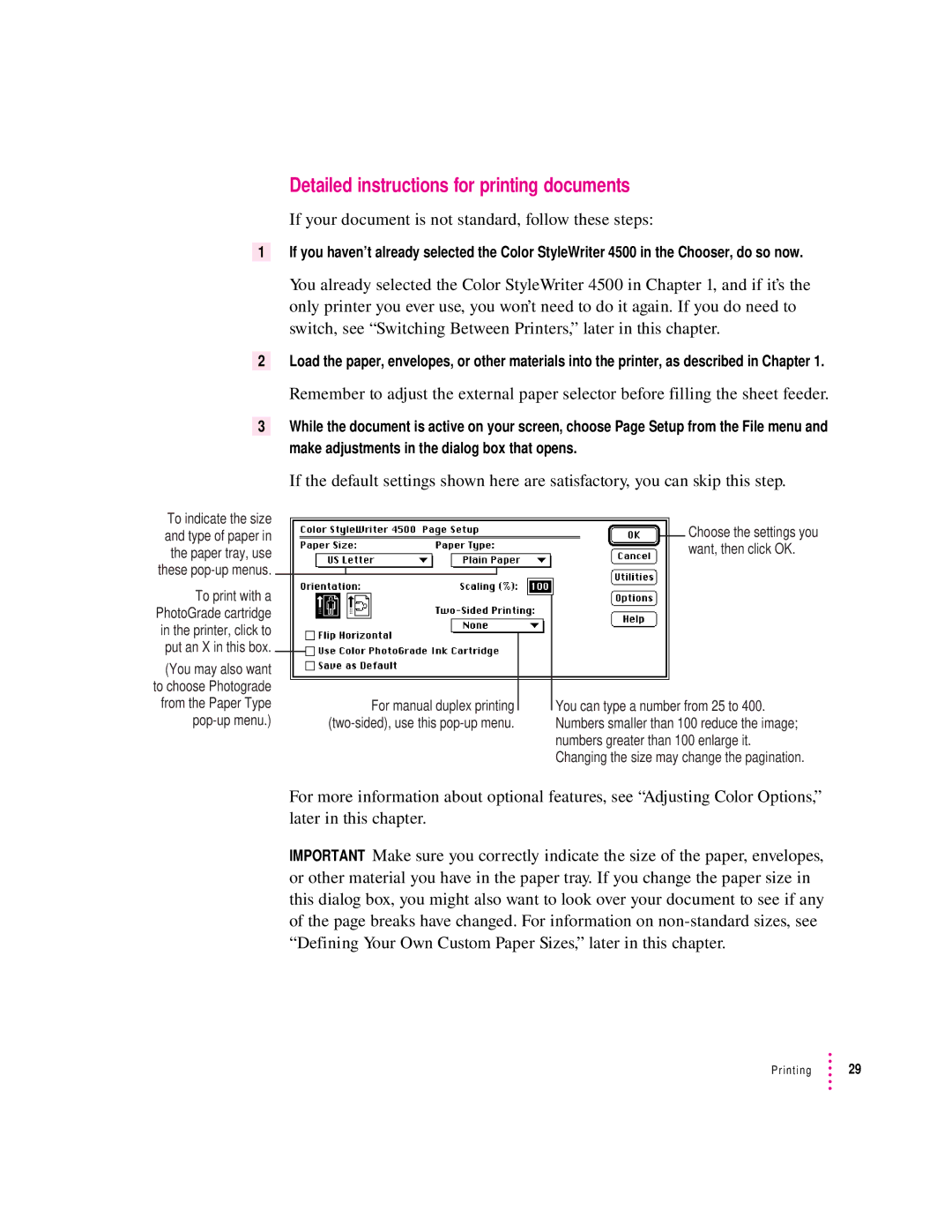 Apple 4500 important safety instructions Detailed instructions for printing documents, For manual duplex printing 