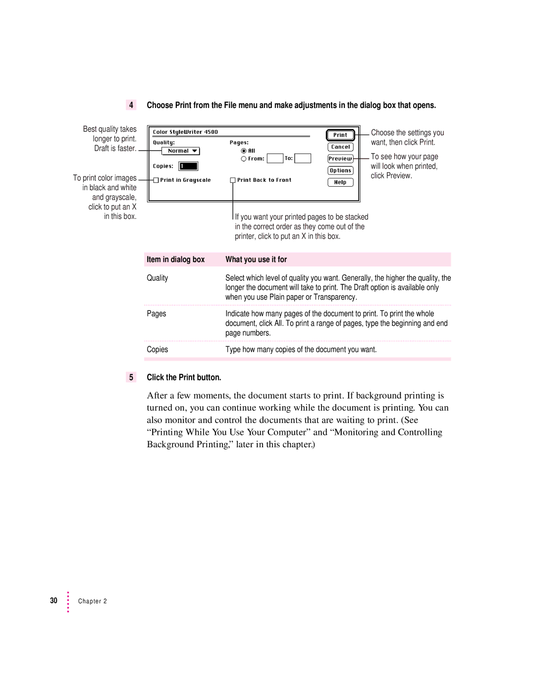 Apple 4500 important safety instructions Item in dialog box What you use it for 