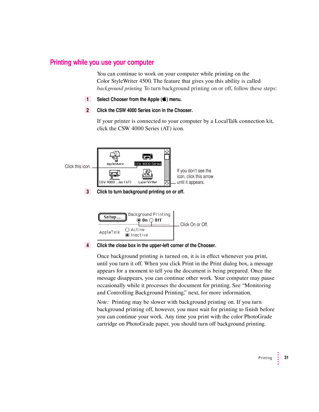 Apple 4500 important safety instructions Printing while you use your computer 