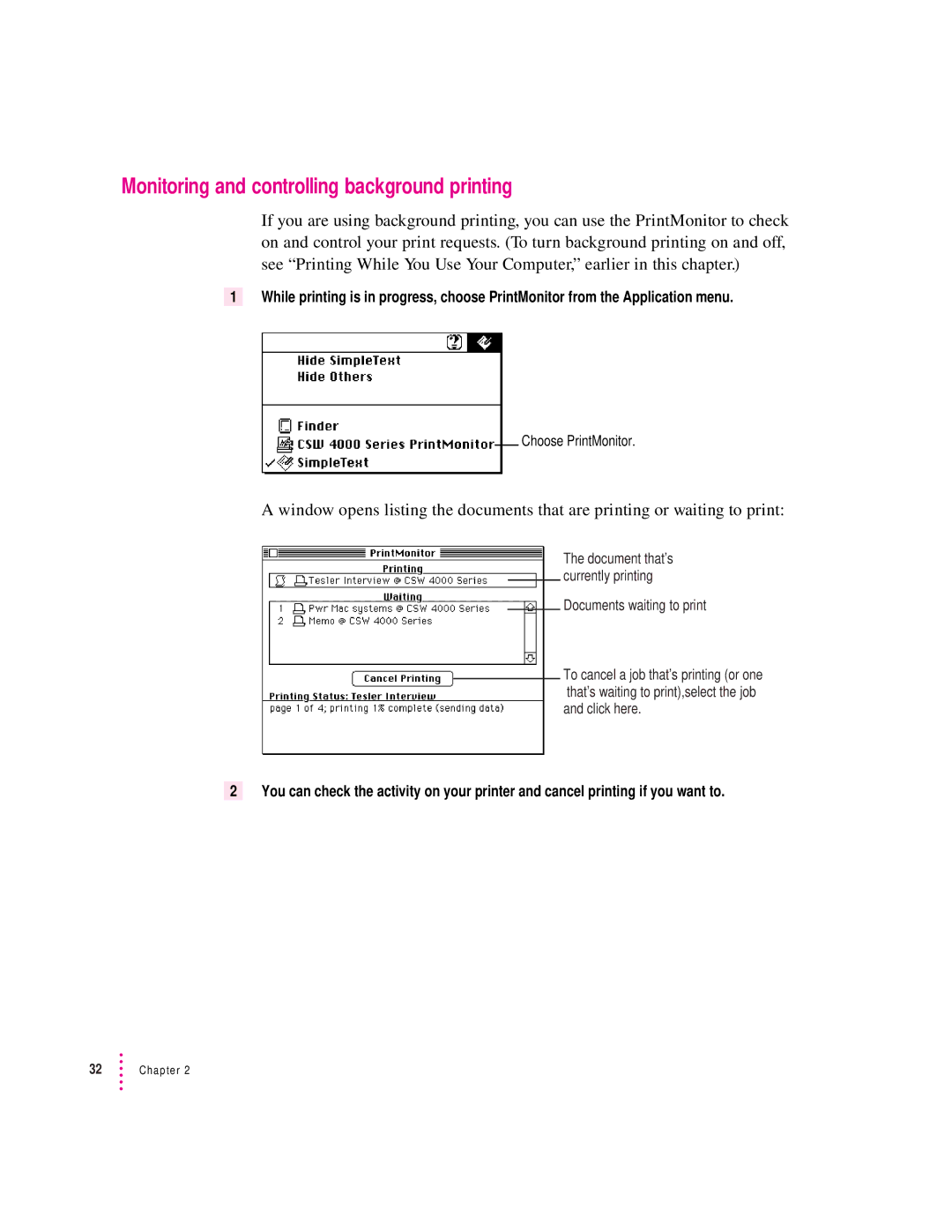 Apple 4500 important safety instructions Monitoring and controlling background printing, Documents waiting to print 