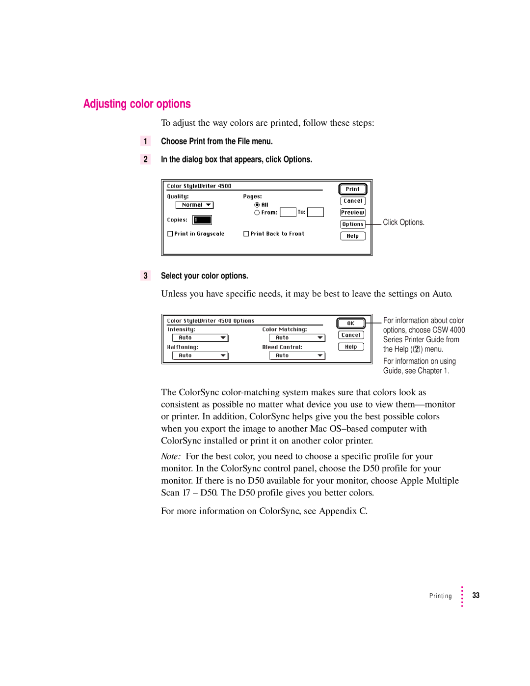 Apple 4500 important safety instructions Adjusting color options, To adjust the way colors are printed, follow these steps 