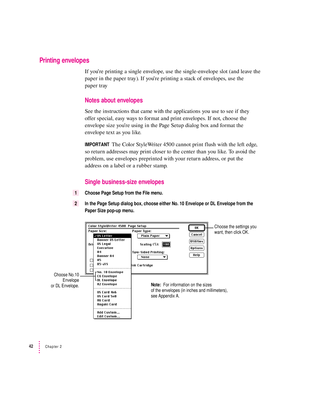 Apple 4500 important safety instructions Printing envelopes, Single business-size envelopes 