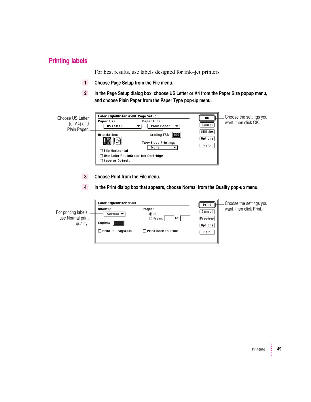 Apple 4500 important safety instructions Printing labels, For best results, use labels designed for ink-jet printers 