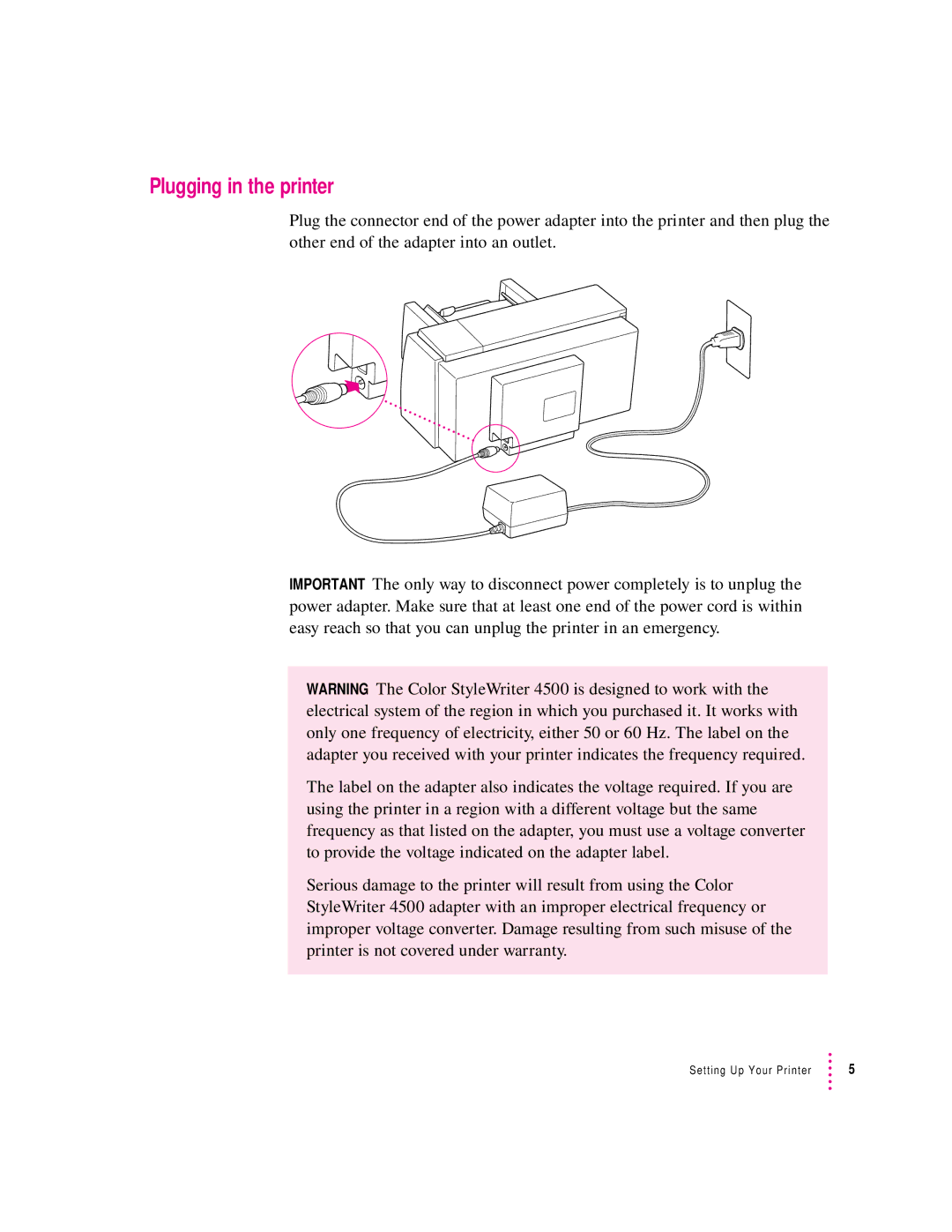 Apple 4500 important safety instructions Plugging in the printer 