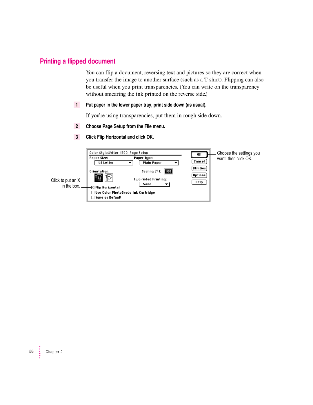 Apple 4500 Printing a flipped document, If you’re using transparencies, put them in rough side down 