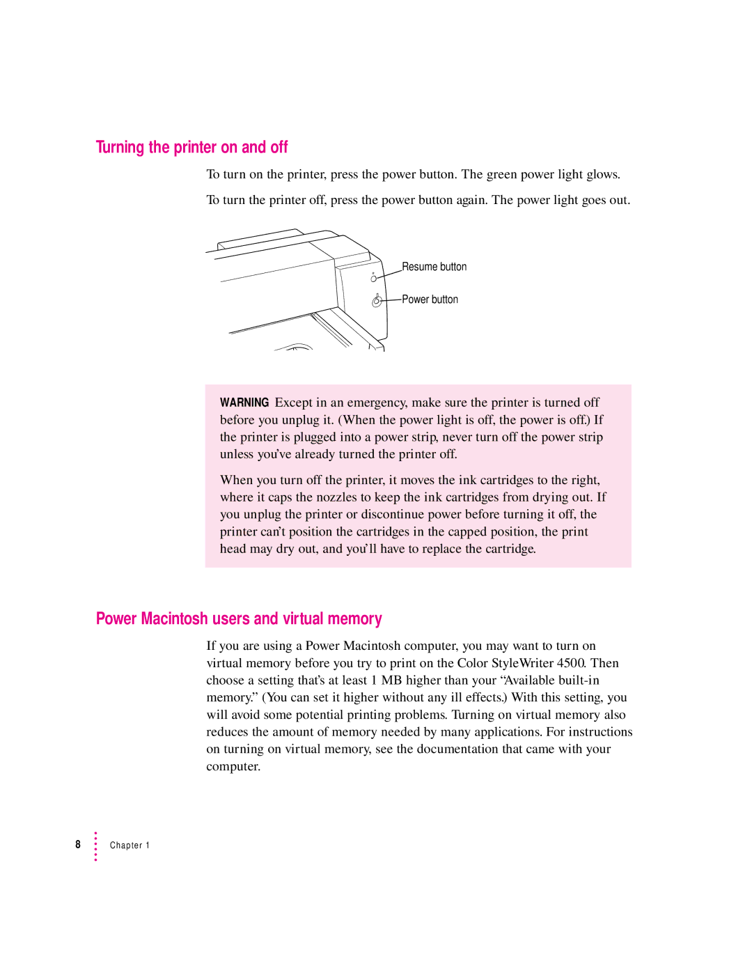 Apple 4500 important safety instructions Turning the printer on and off, Power Macintosh users and virtual memory 