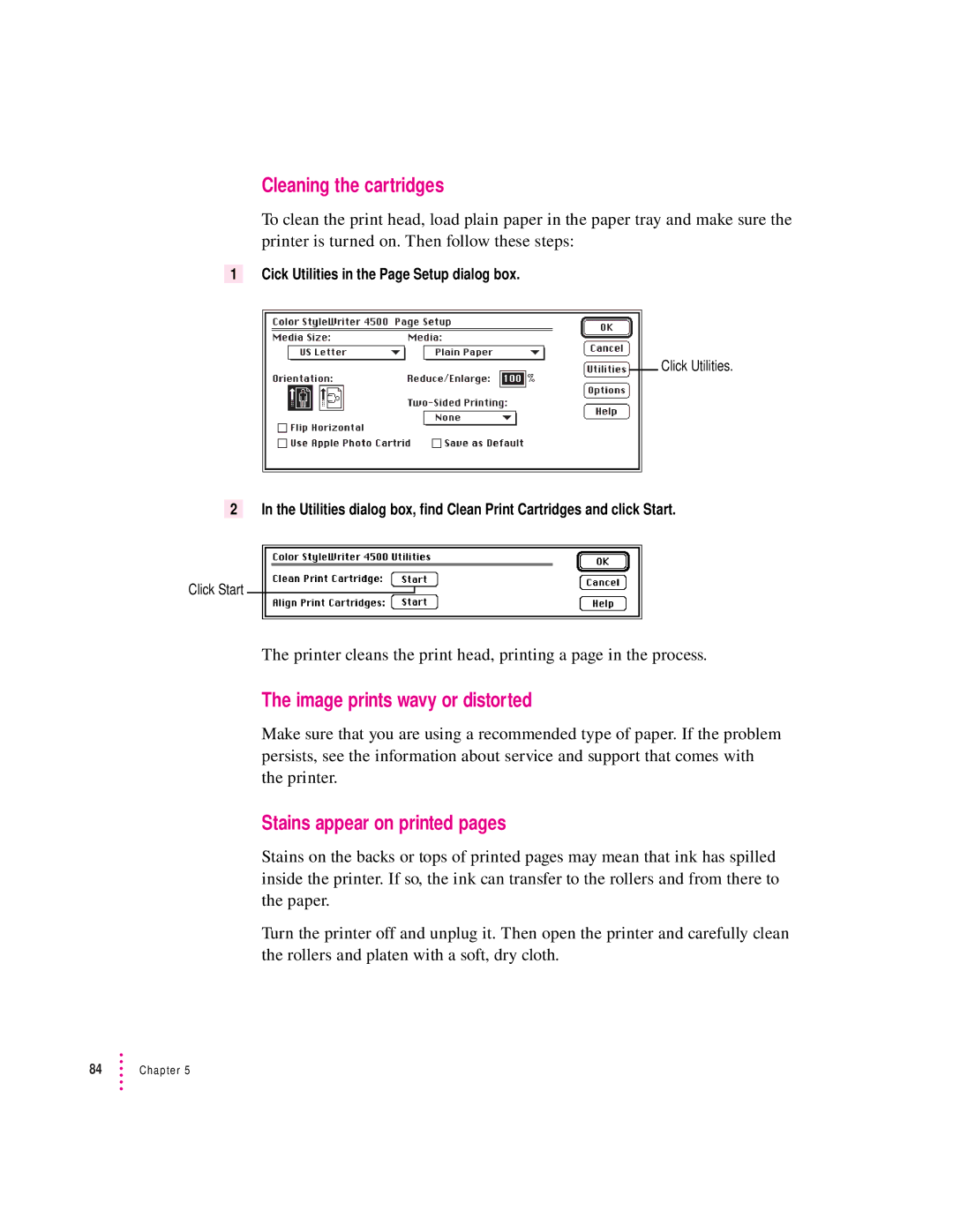 Apple 4500 Cleaning the cartridges, Image prints wavy or distorted, Stains appear on printed pages 