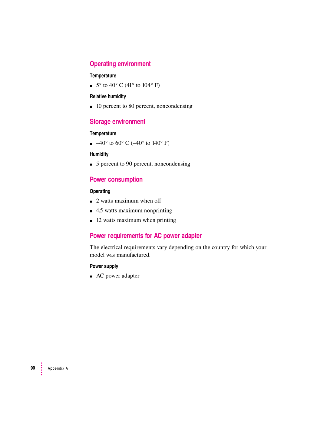 Apple 4500 Operating environment, Storage environment, Power consumption, Power requirements for AC power adapter 