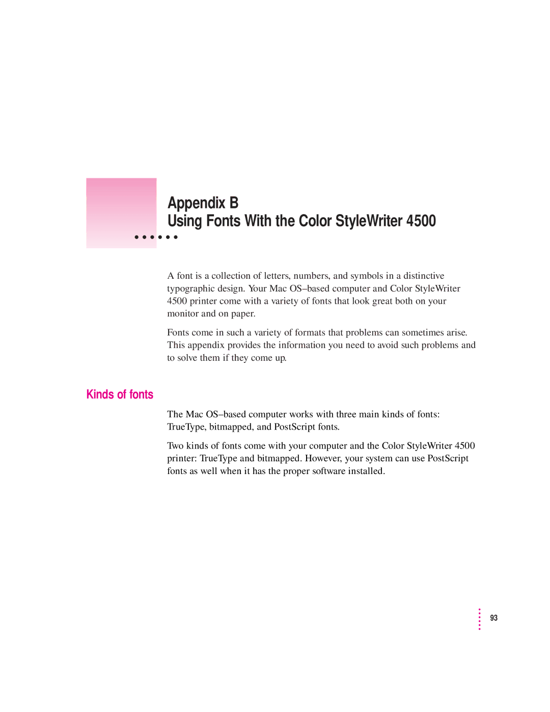 Apple 4500 important safety instructions Appendix B Using Fonts With the Color StyleWriter, Kinds of fonts 