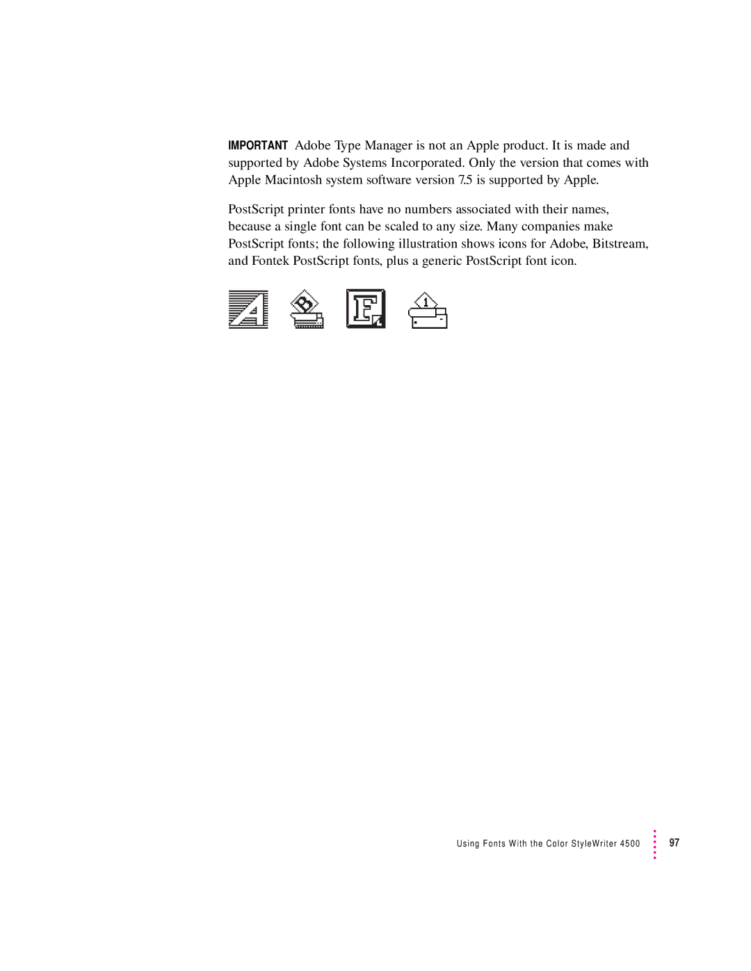 Apple 4500 important safety instructions Using Fonts With the Color StyleWriter 