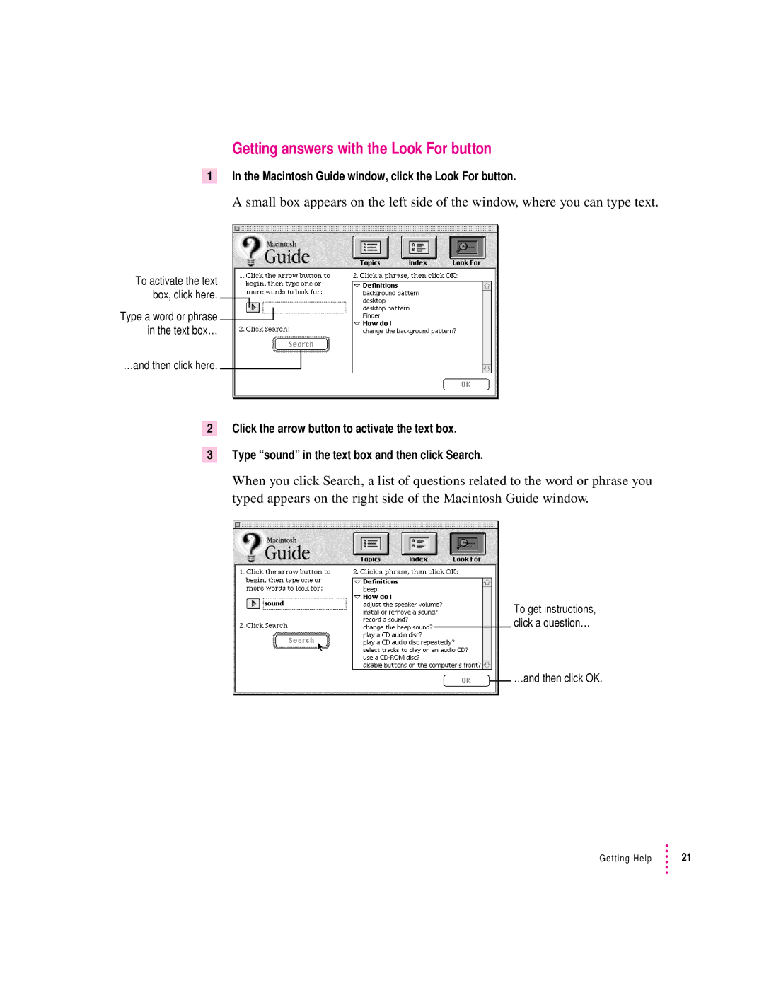 Apple 500 Series manual Getting answers with the Look For button 