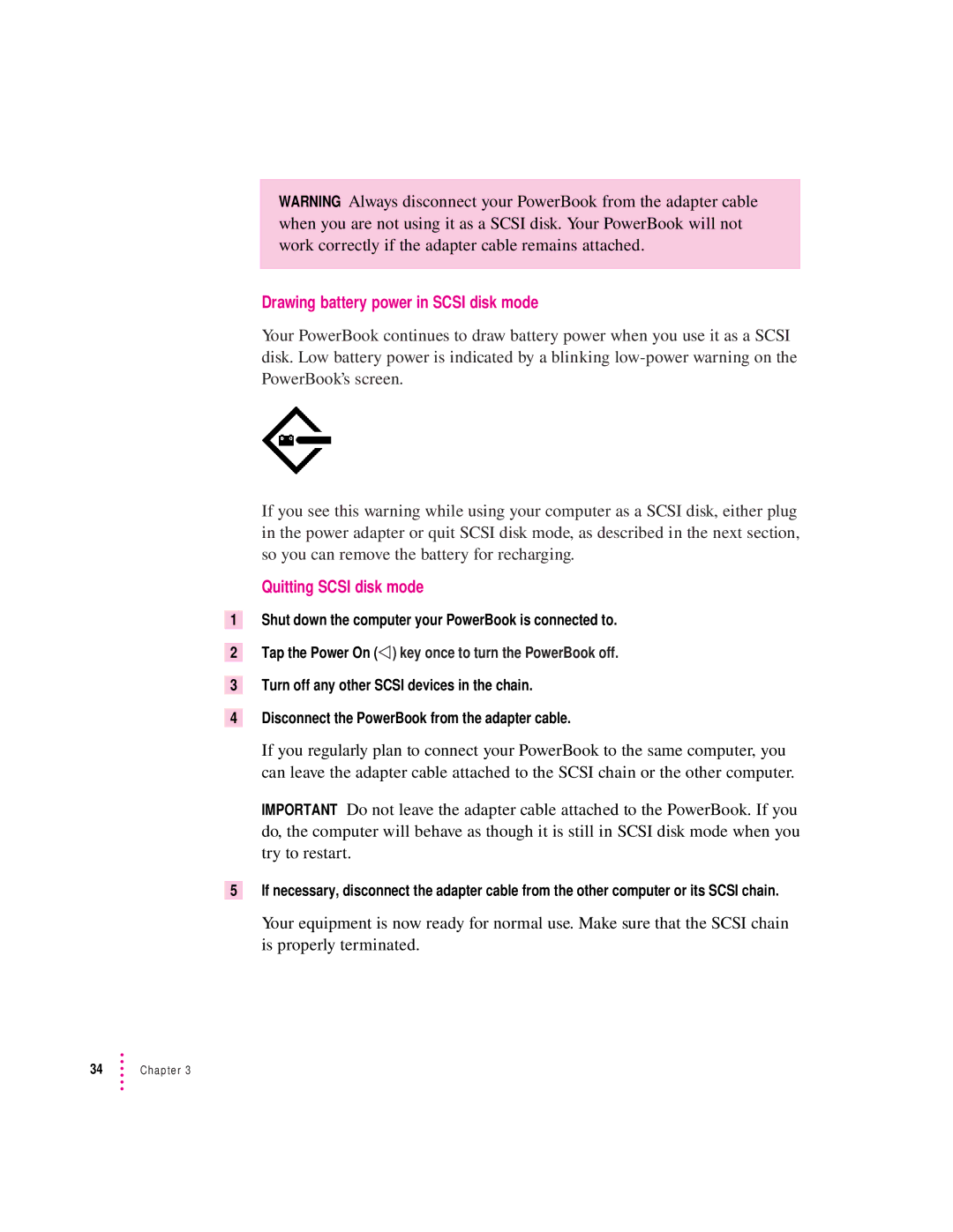 Apple 500 Series manual Drawing battery power in Scsi disk mode, Quitting Scsi disk mode 
