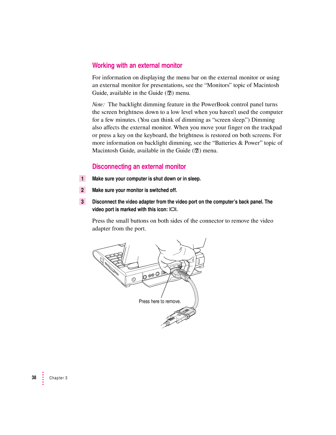 Apple 500 Series manual Working with an external monitor, Disconnecting an external monitor 