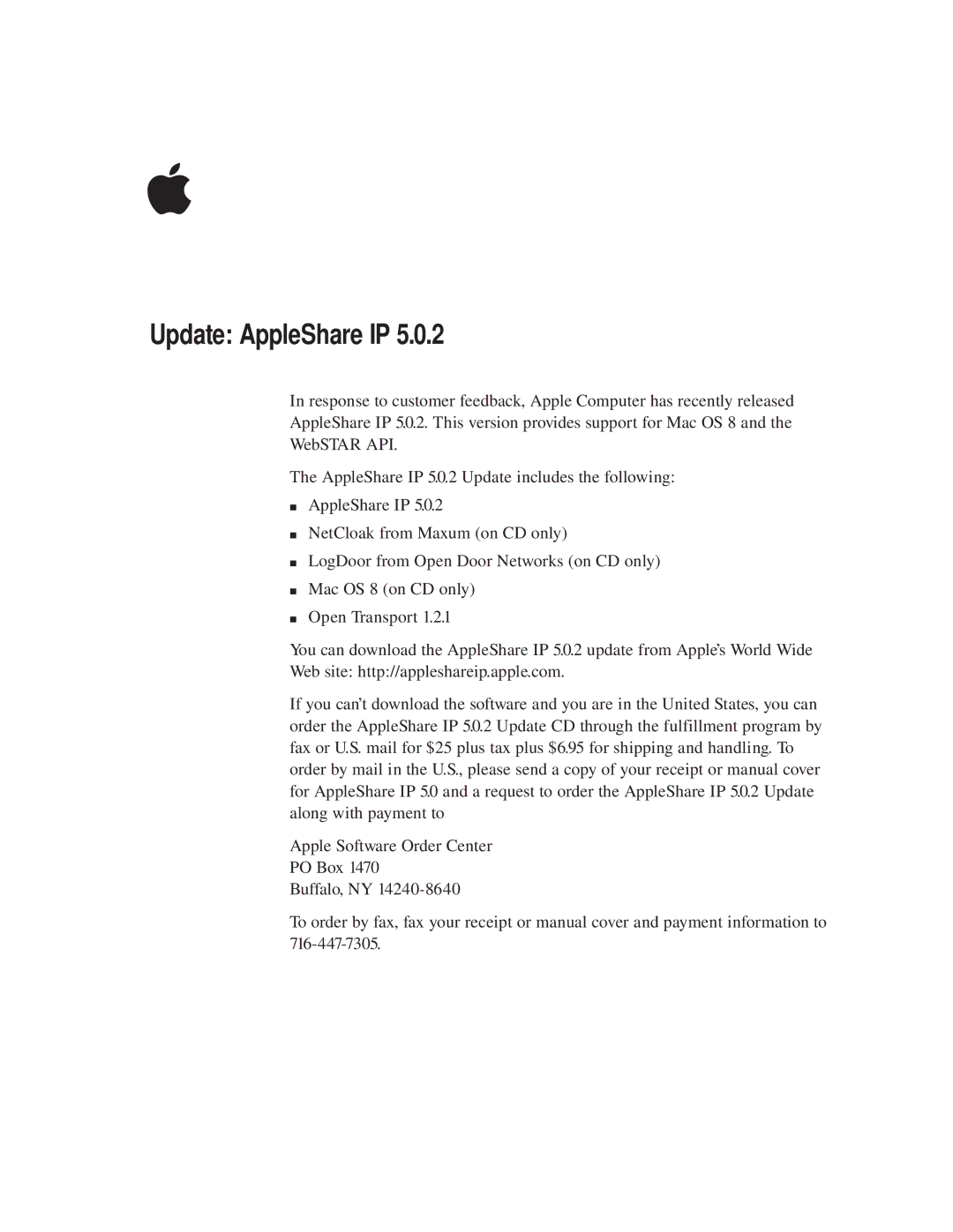 Apple 5.0.2 manual Update AppleShare IP 