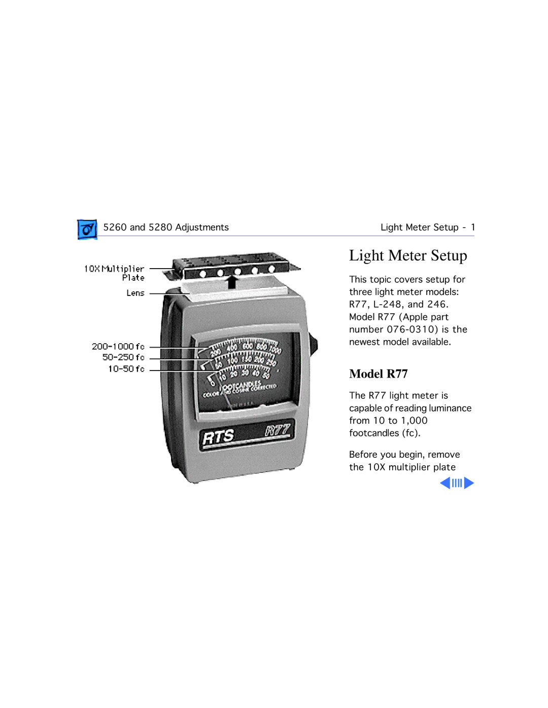 Apple 5260, 5280 manual Light Meter Setup, Model R77 