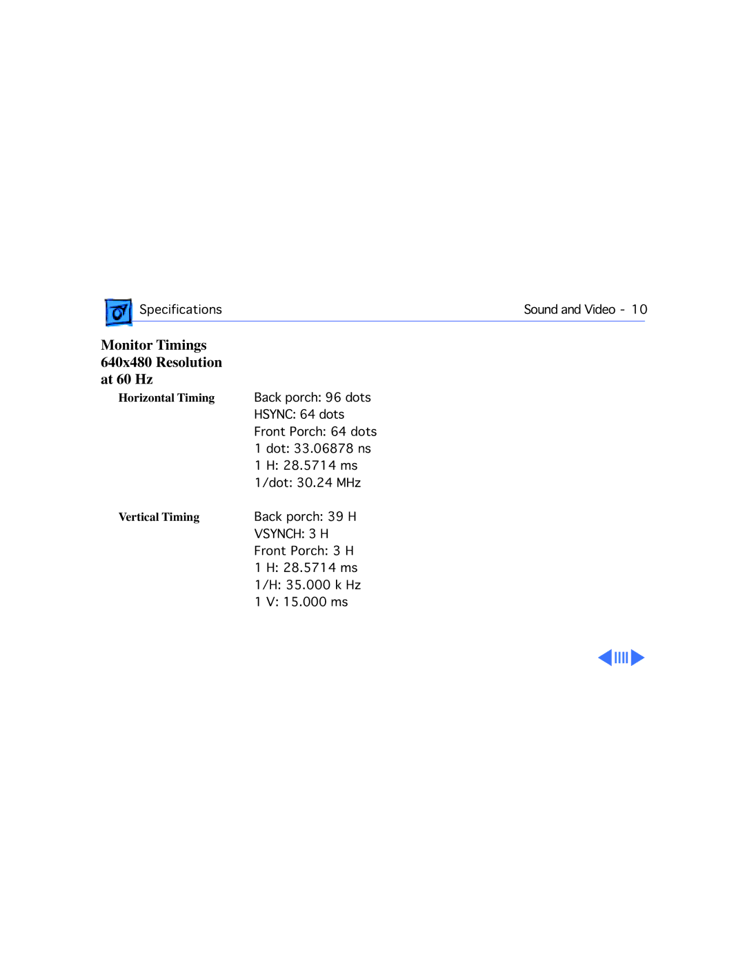 Apple 5280, 5260 manual Monitor Timings 640x480 Resolution At 60 Hz 