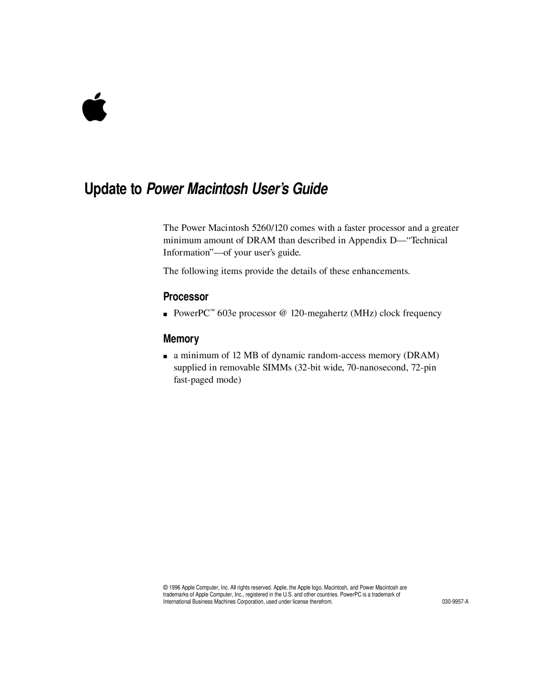 Apple 5260 Series, 5260/120 Series appendix Update to Power Macintosh User’s Guide, Processor, Memory 