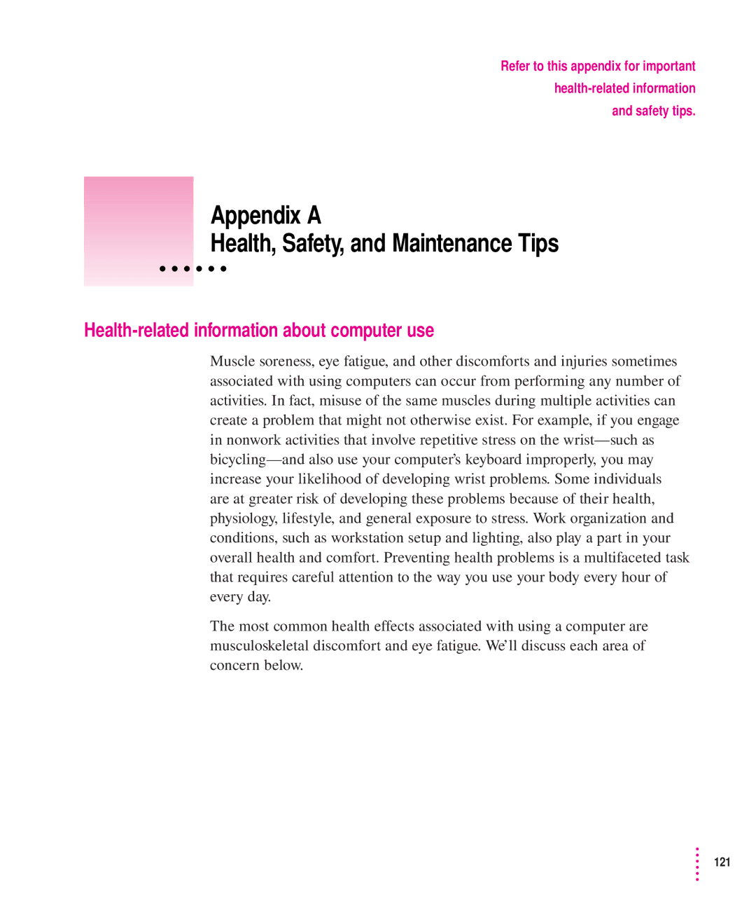 Apple 5300 Series manual Appendix a Health, Safety, and Maintenance Tips, Health-related information about computer use 