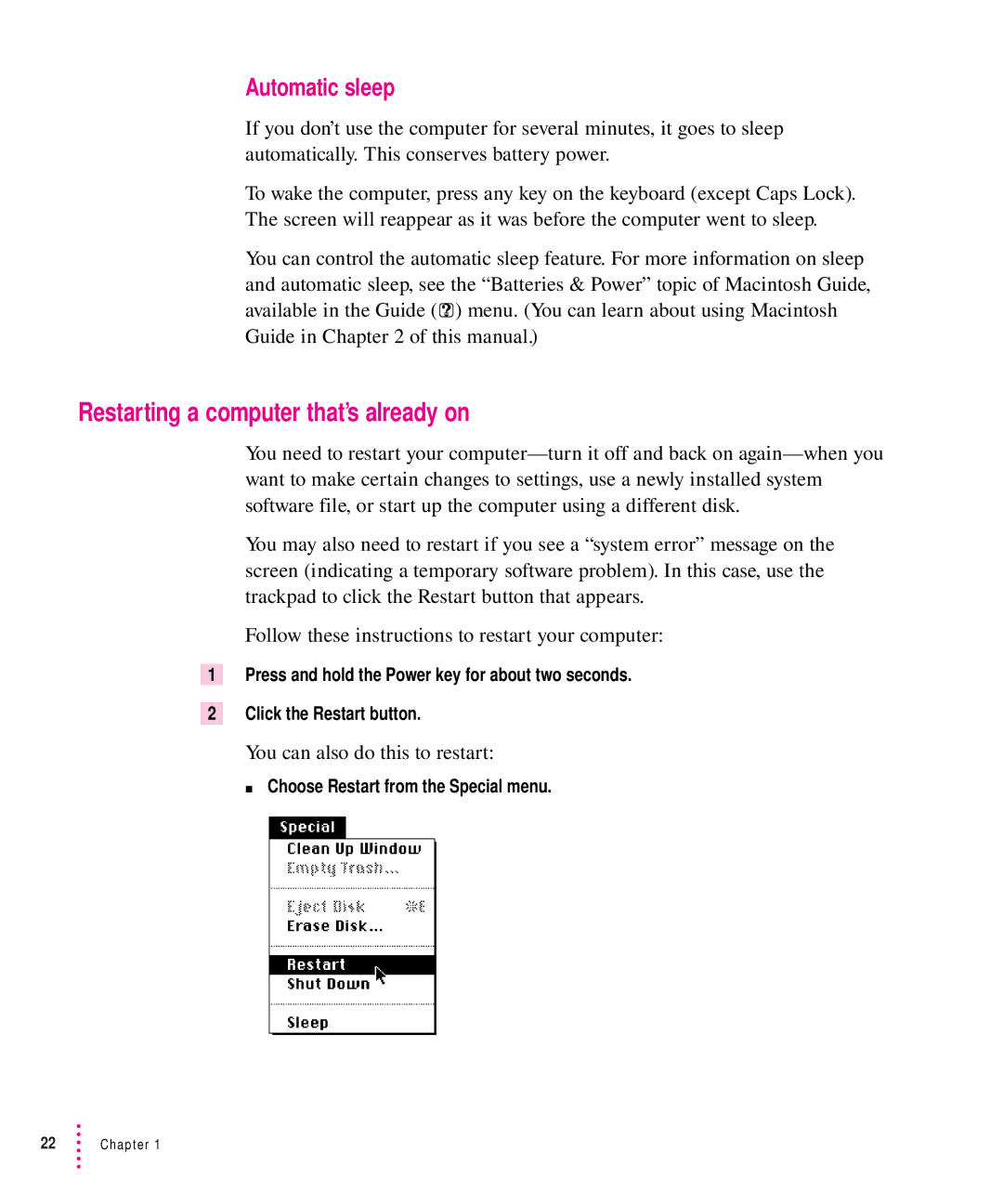 Apple 5300 Series manual Restarting a computer that’s already on, Automatic sleep, You can also do this to restart 