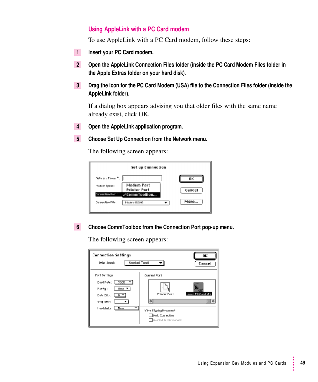 Apple 5300 Series manual Using AppleLink with a PC Card modem, To use AppleLink with a PC Card modem, follow these steps 