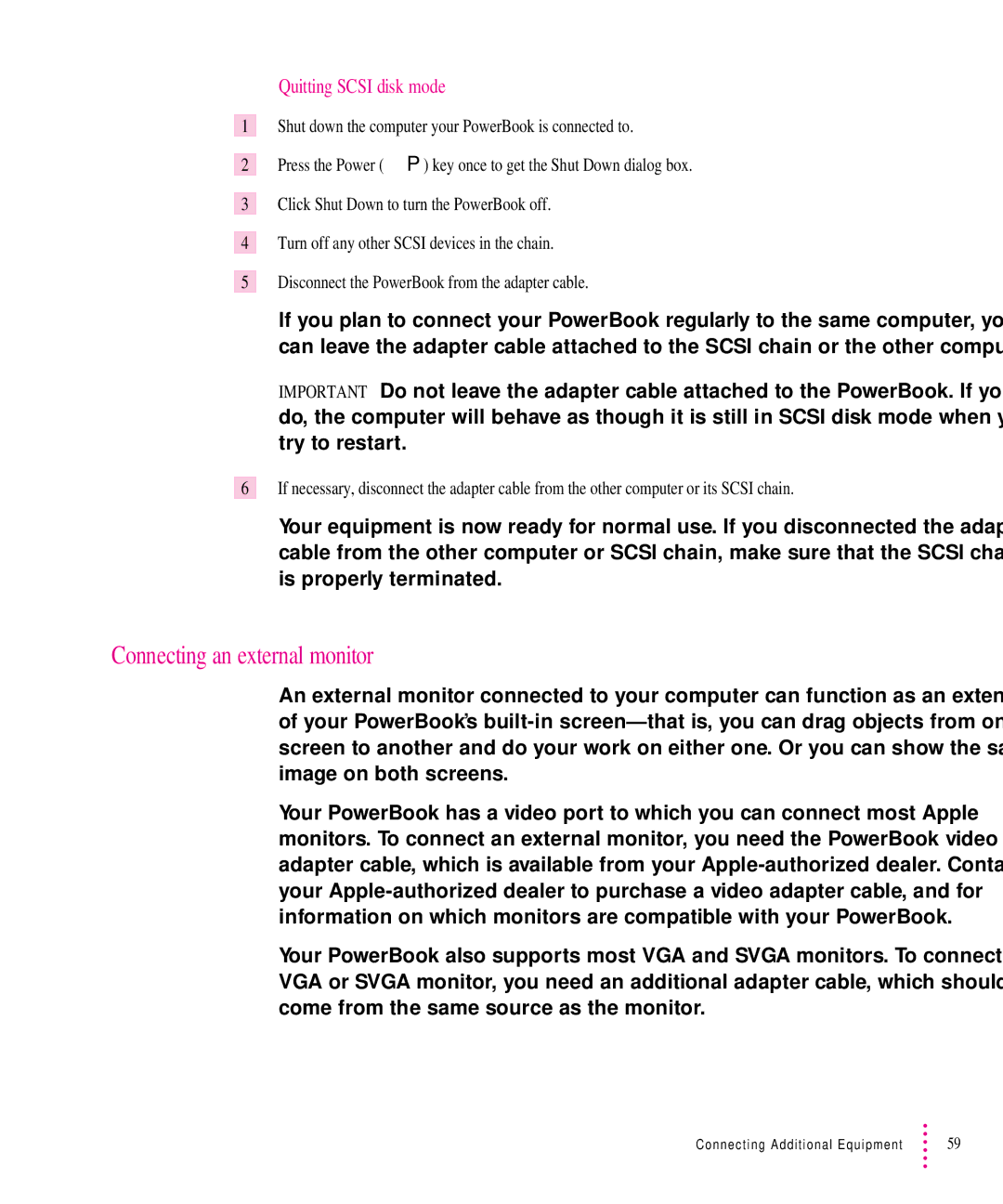Apple 5300 Series manual Connecting an external monitor, Quitting Scsi disk mode 