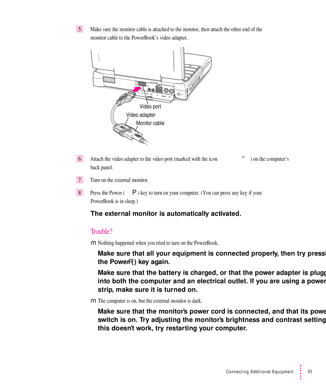 Apple 5300 Series manual Trouble?, External monitor is automatically activated 