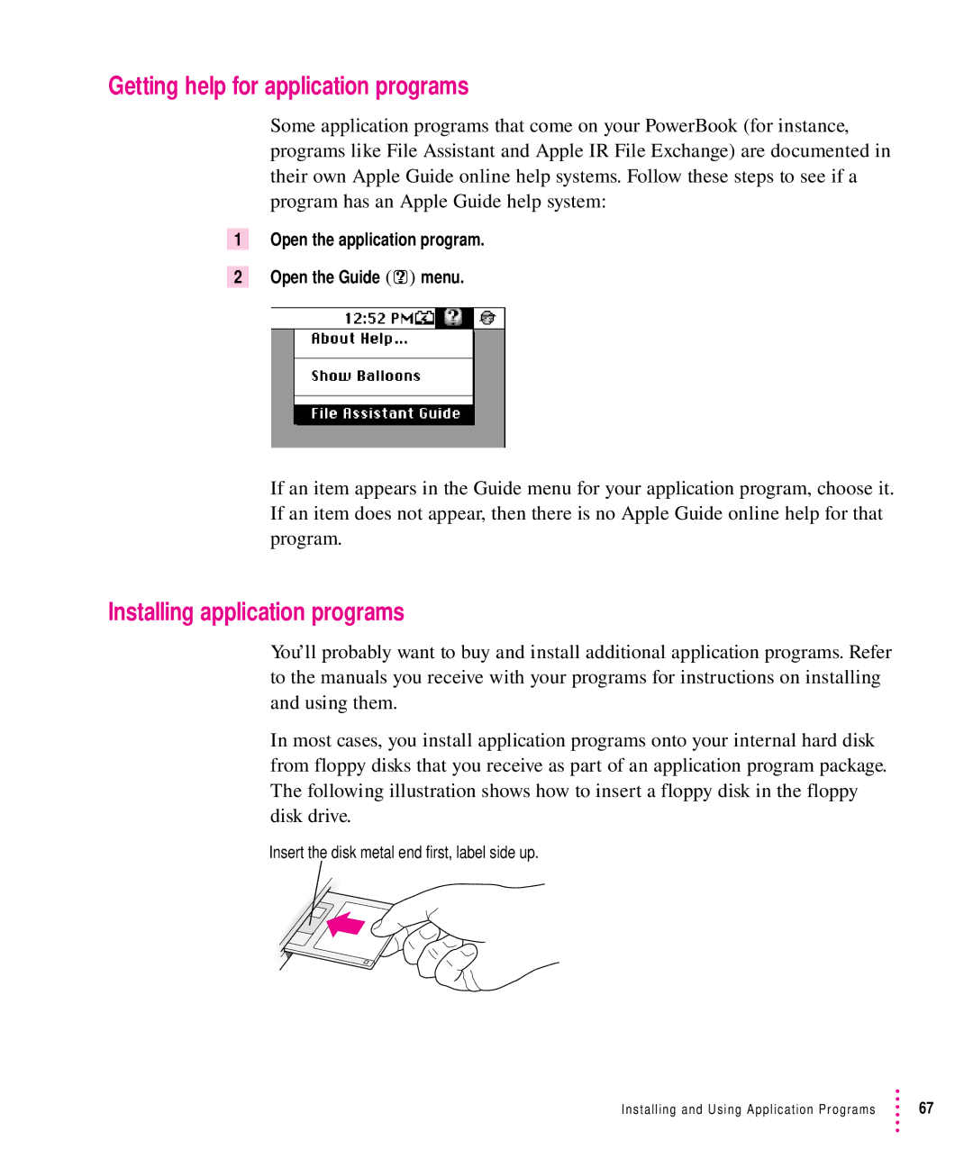 Apple 5300 Series manual Getting help for application programs, Installing application programs 