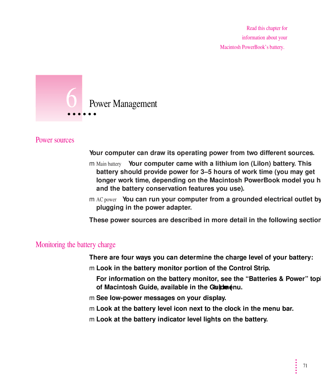 Apple 5300 Series manual Power Management, Power sources, Monitoring the battery charge 